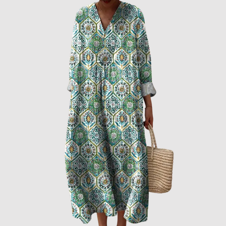 Sophia - Mediterranean Tile Print Maxi Dress