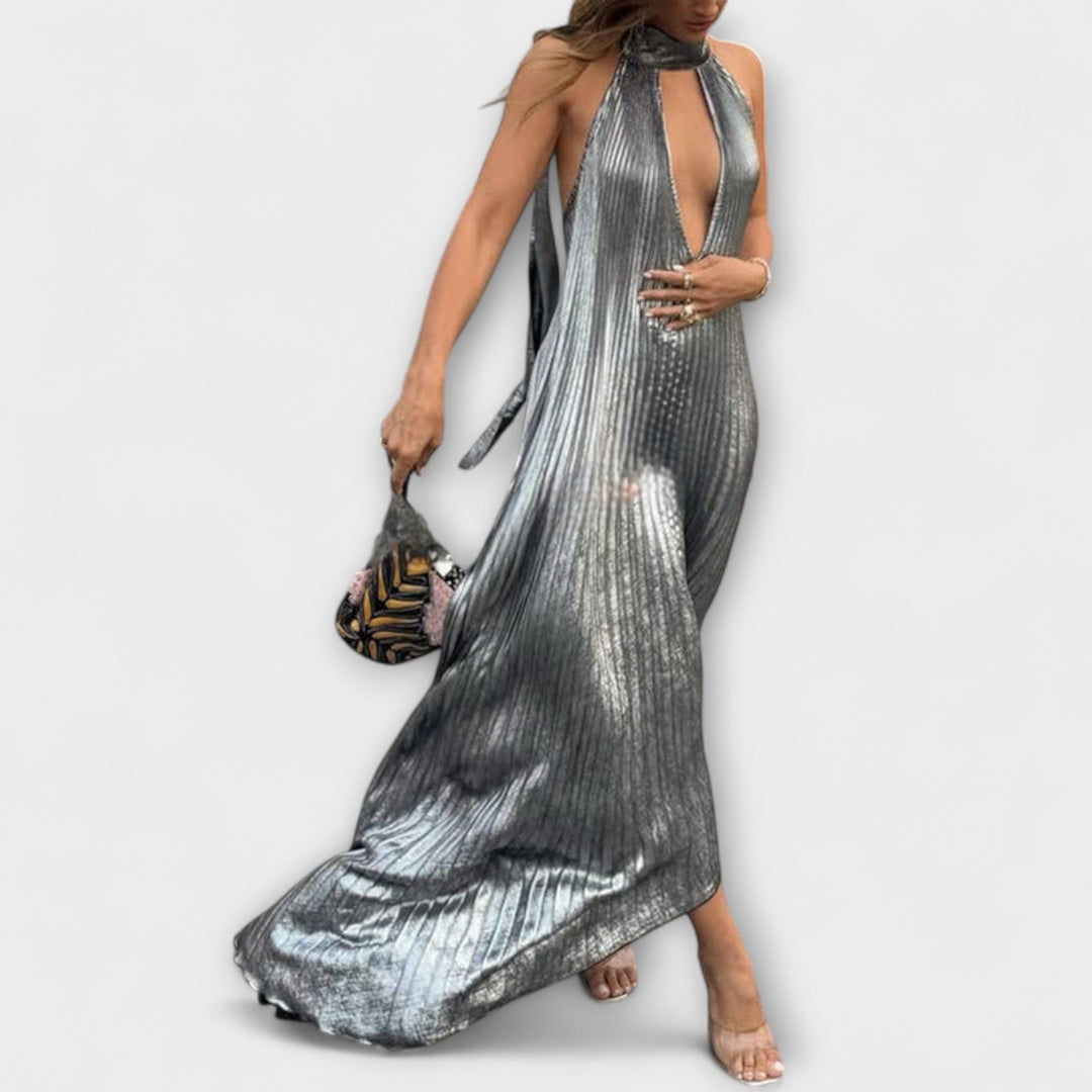 Sophia - Metallic Pleated Maxi Dress